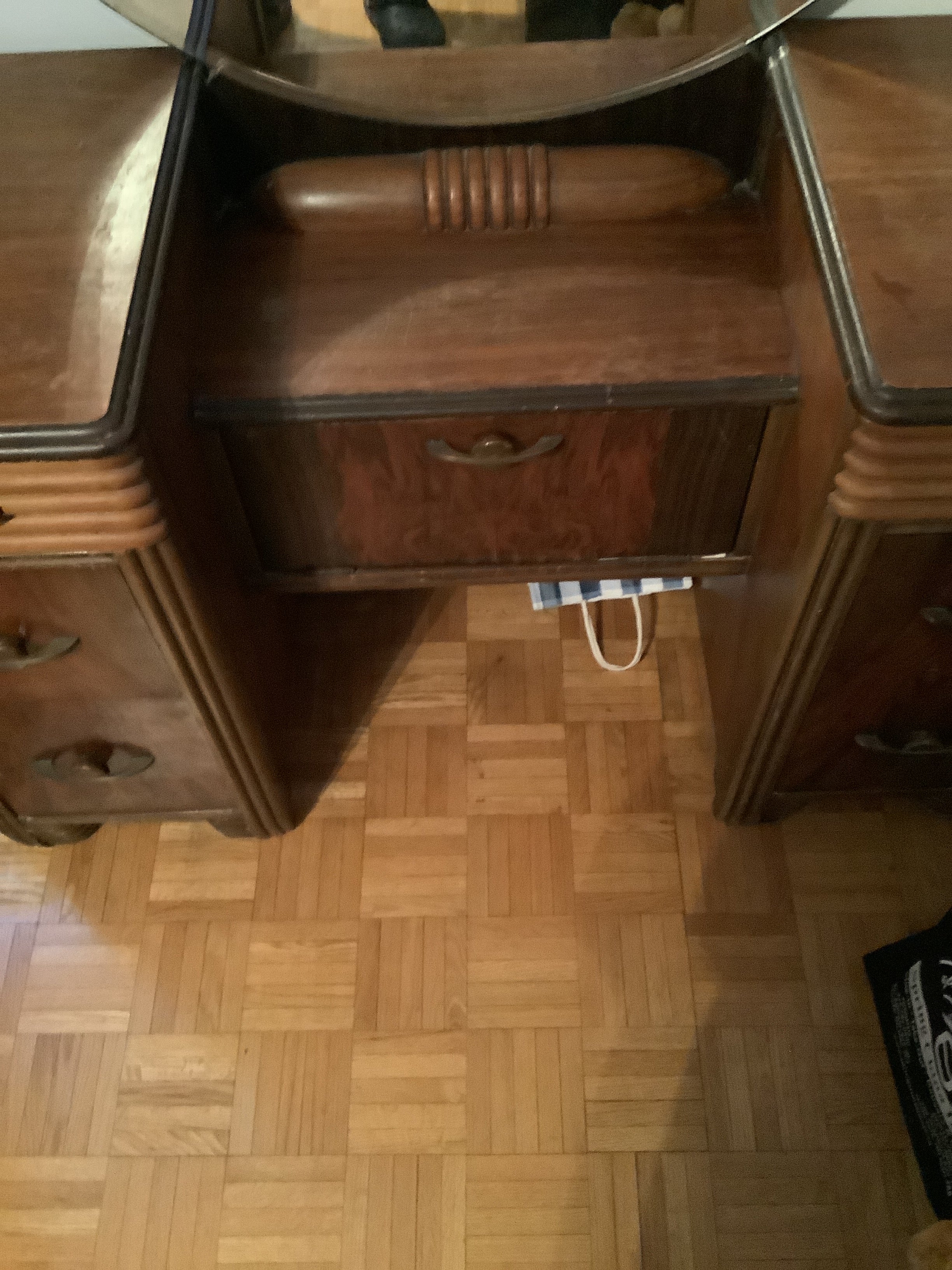 Classic vintage art deco vanity with round mirror 1930s.walnut wood of different shades