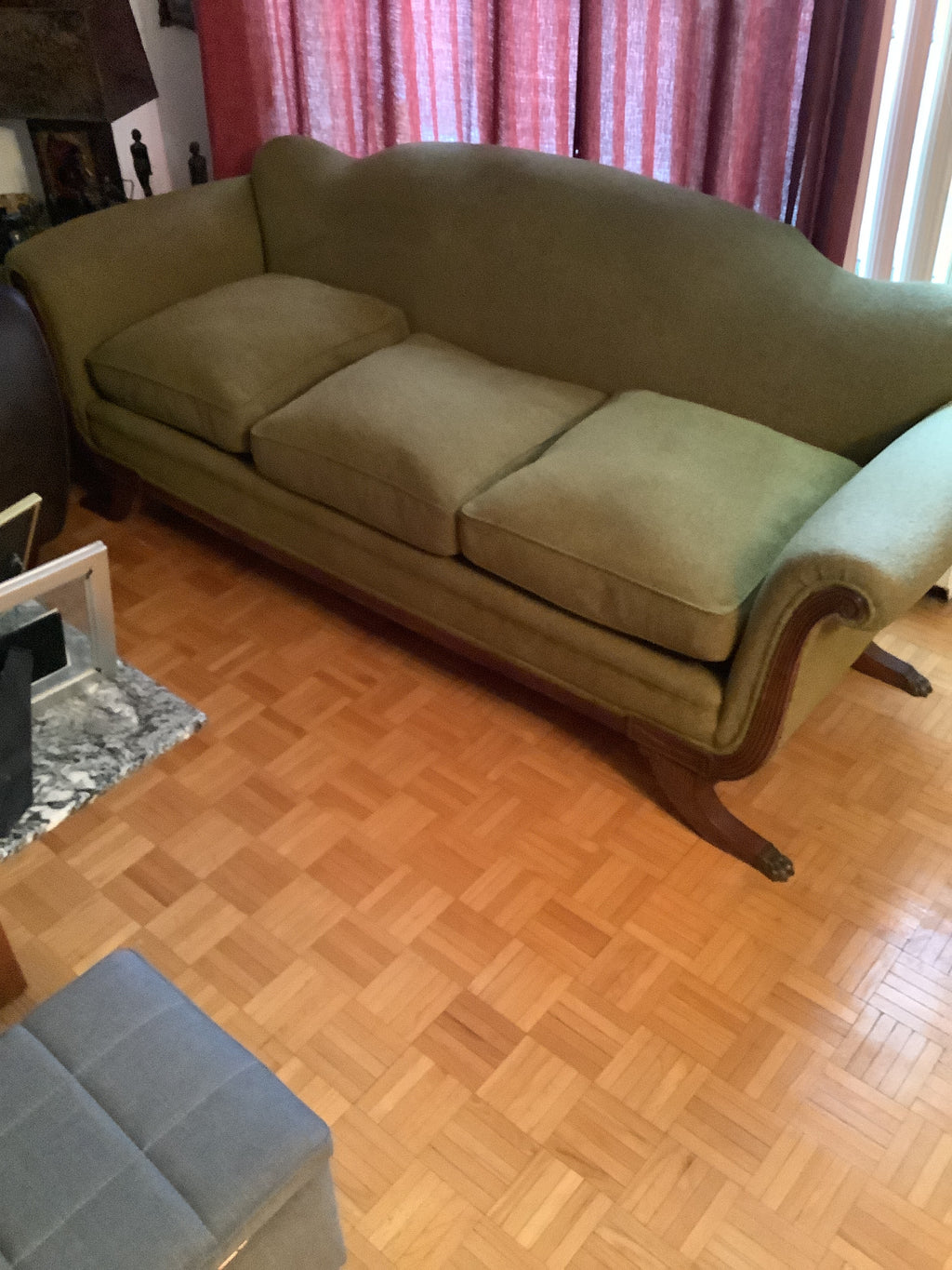 Vintage Duncan Phyfe Camelback Sofa with Brass Claw Feet — 3 Seater