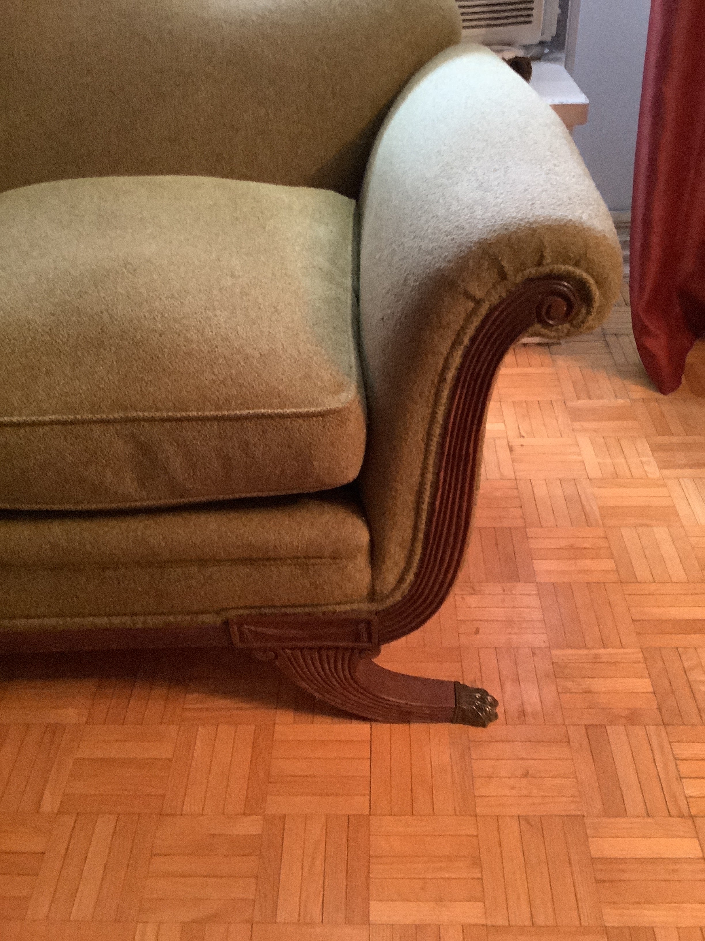 Vintage Duncan Phyfe Camelback Sofa with Brass Claw Feet — 3 Seater