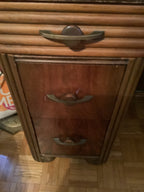 Classic vintage art deco vanity with round mirror 1930s.walnut wood of different shades
