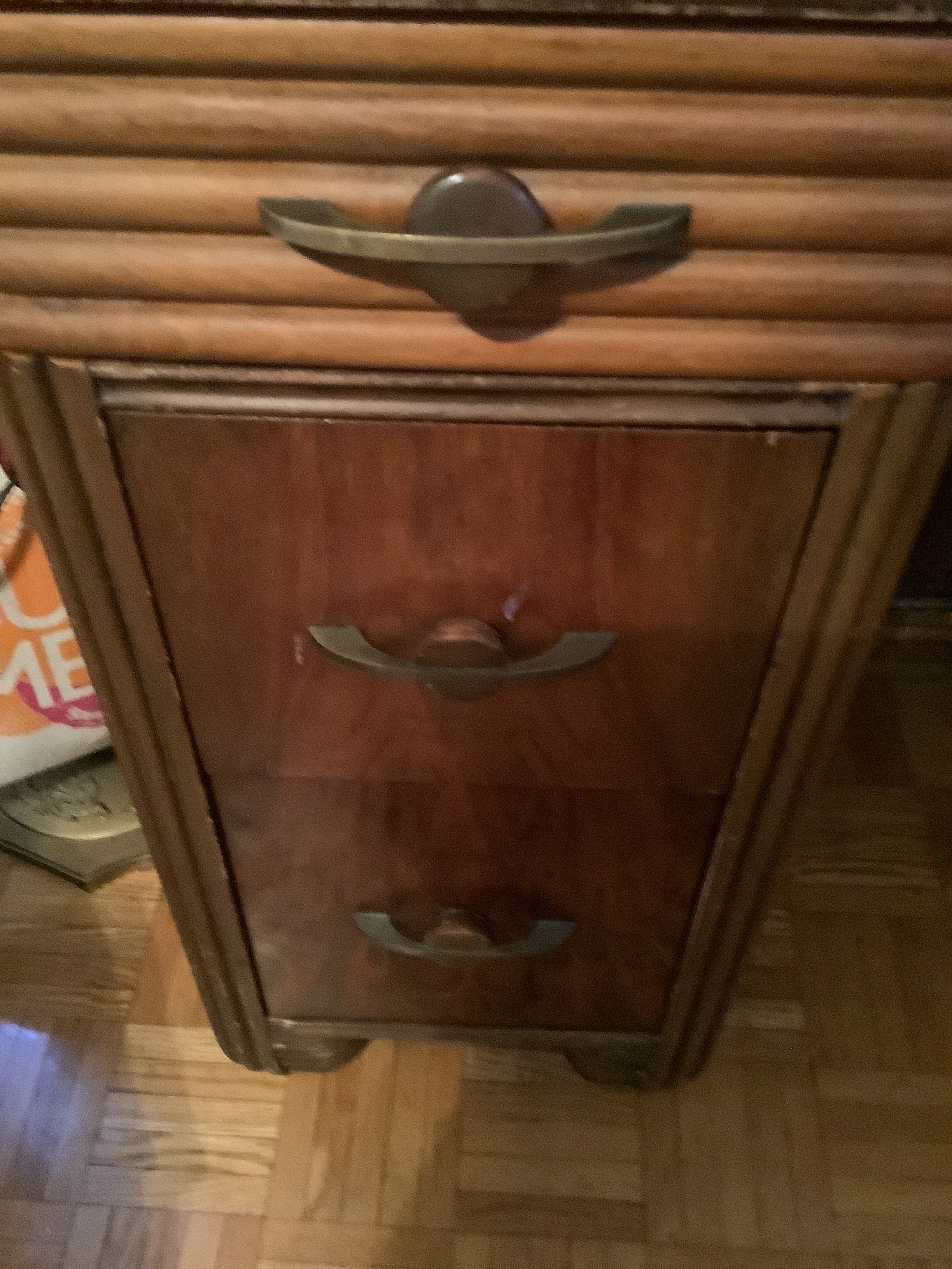 Classic vintage art deco vanity with round mirror 1930s.walnut wood of different shades