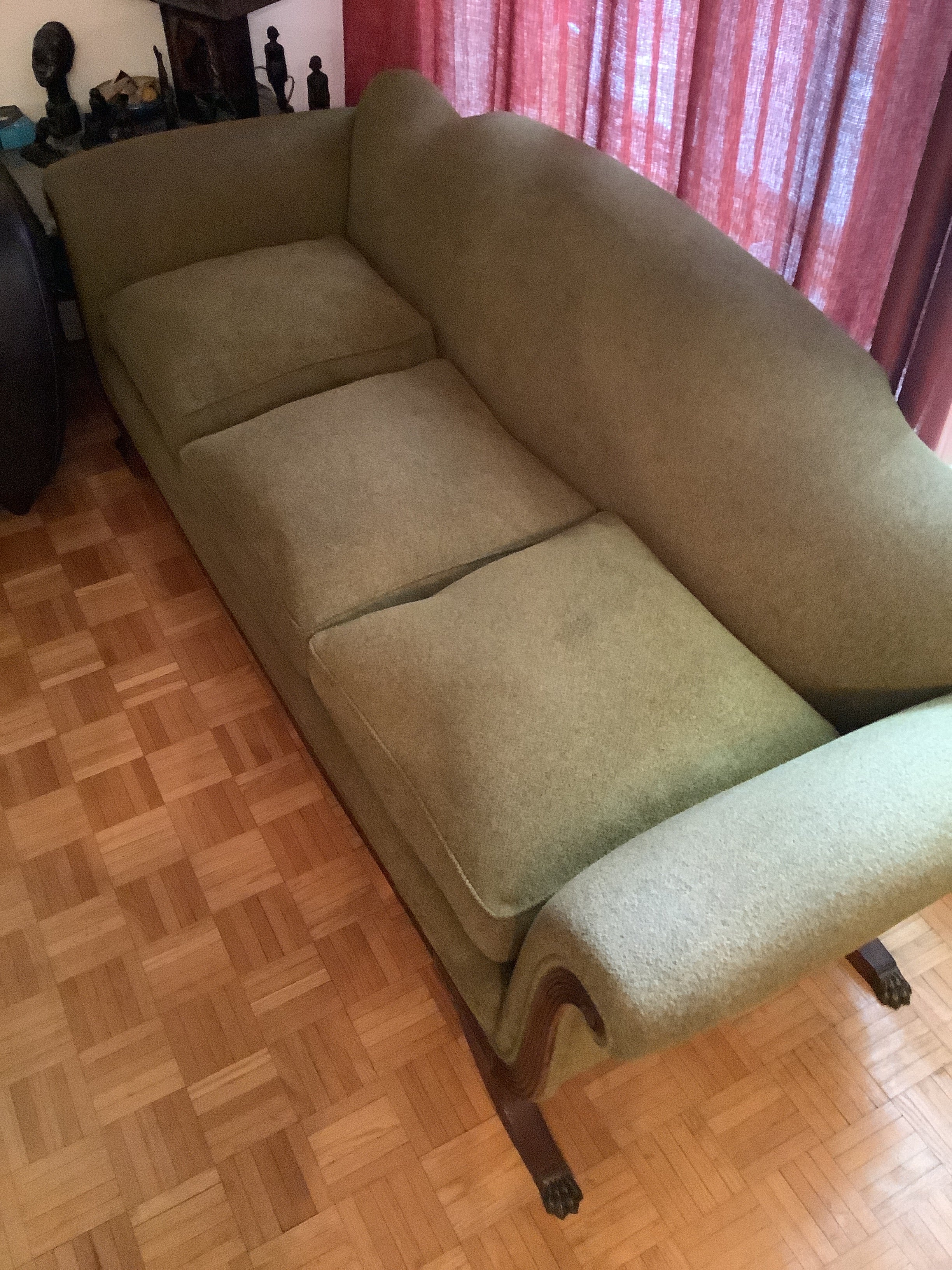 Vintage Duncan Phyfe Camelback Sofa with Brass Claw Feet — 3 Seater