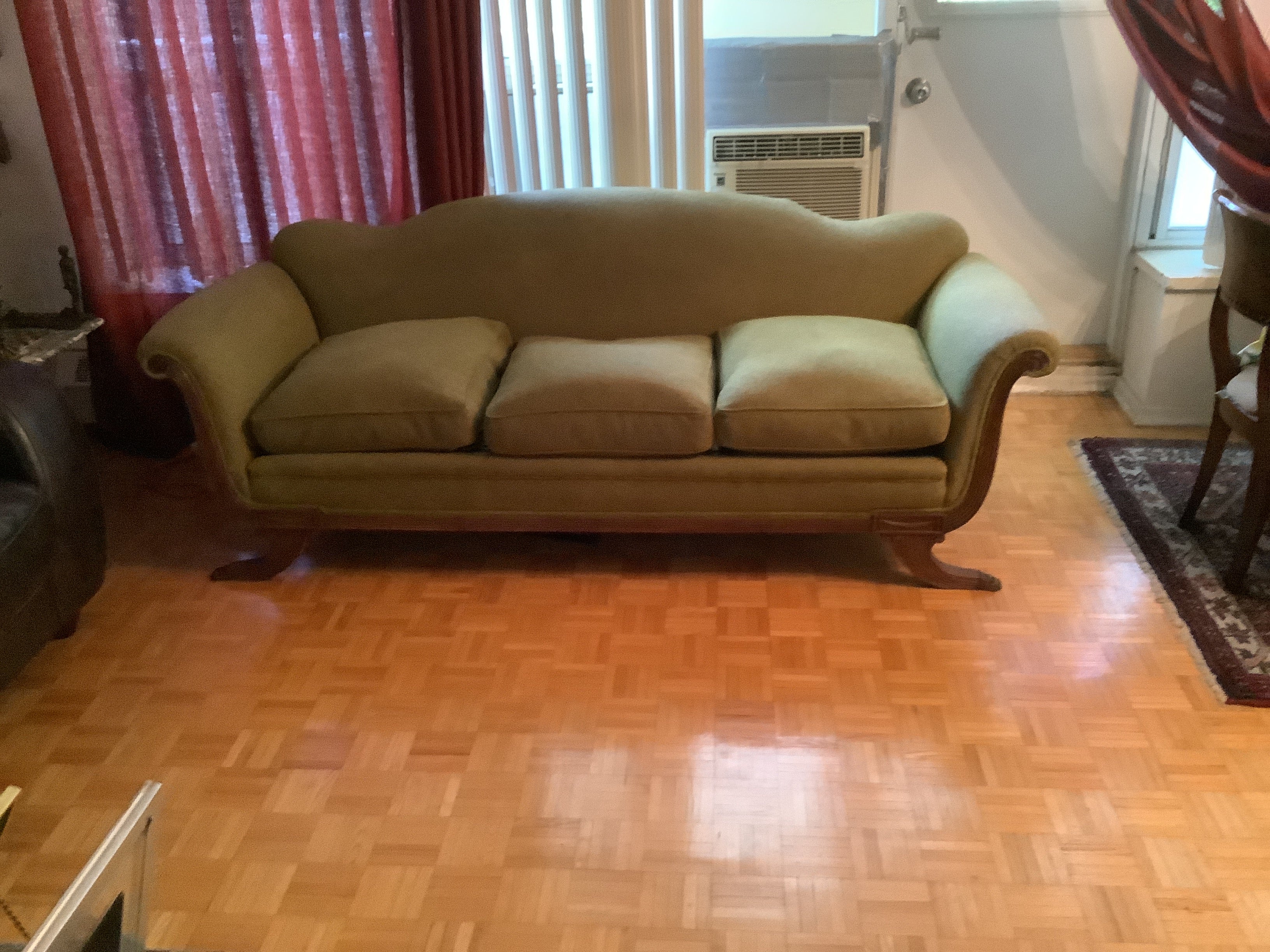 Vintage Duncan Phyfe Camelback Sofa with Brass Claw Feet — 3 Seater