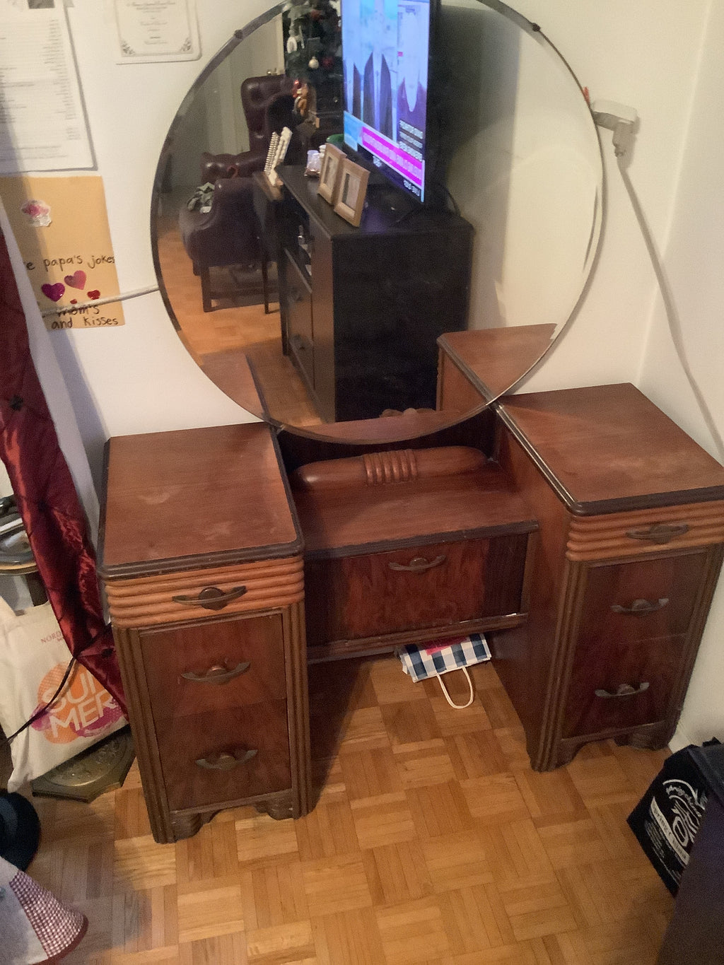 Classic vintage art deco vanity with round mirror 1930s.walnut wood of different shades