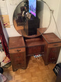 Classic vintage art deco vanity with round mirror 1930s.walnut wood of different shades