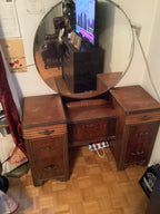 Classic vintage art deco vanity with round mirror 1930s.walnut wood of different shades