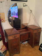 Classic vintage art deco vanity with round mirror 1930s.walnut wood of different shades