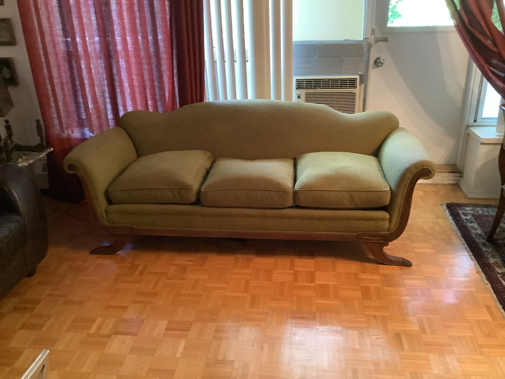 Vintage Duncan Phyfe Camelback Sofa with Brass Claw Feet — 3 Seater