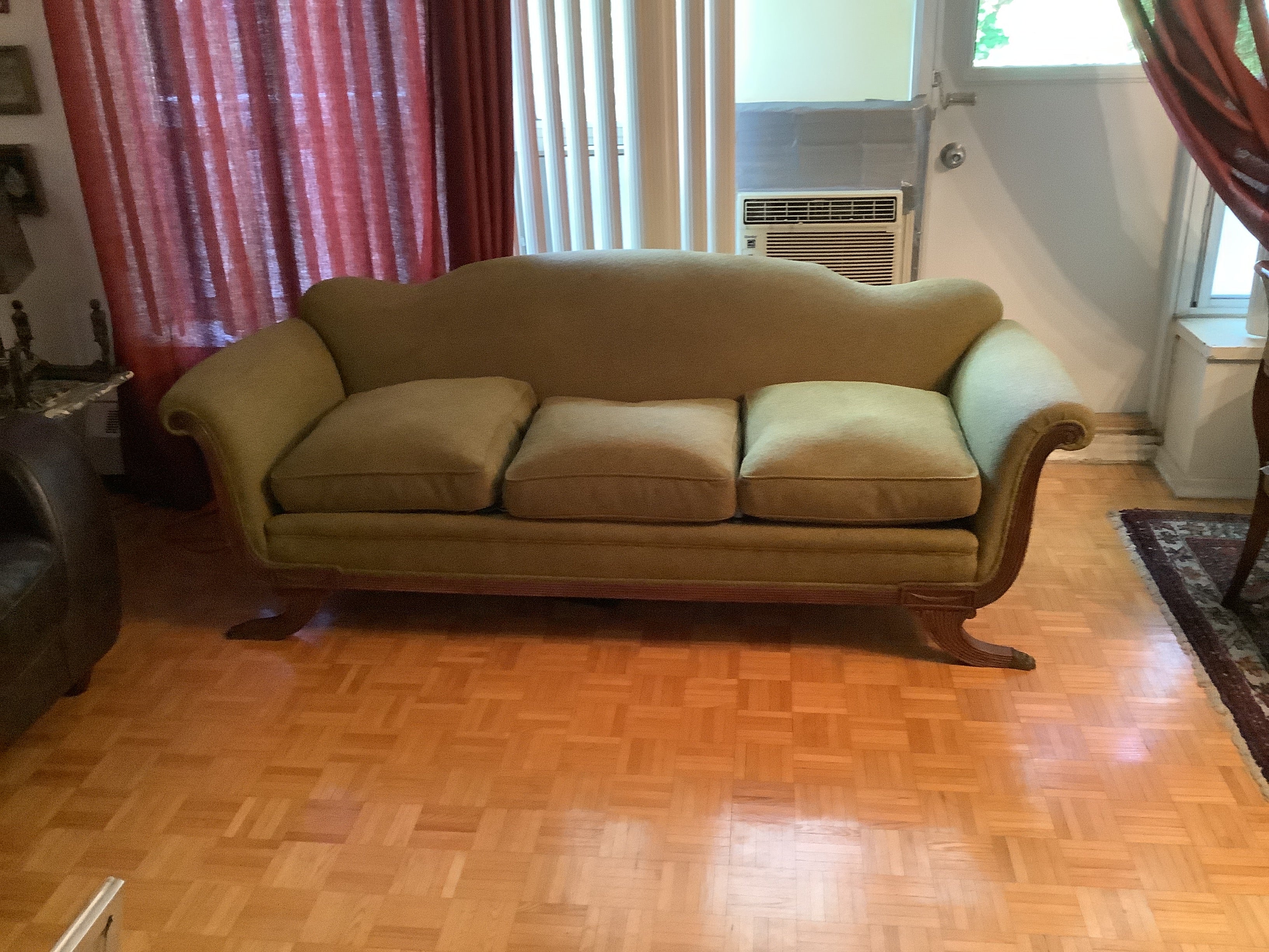 Vintage Duncan Phyfe Camelback Sofa with Brass Claw Feet — 3 Seater