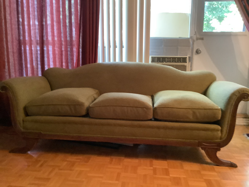 Vintage Duncan Phyfe Camelback Sofa with Brass Claw Feet — 3 Seater