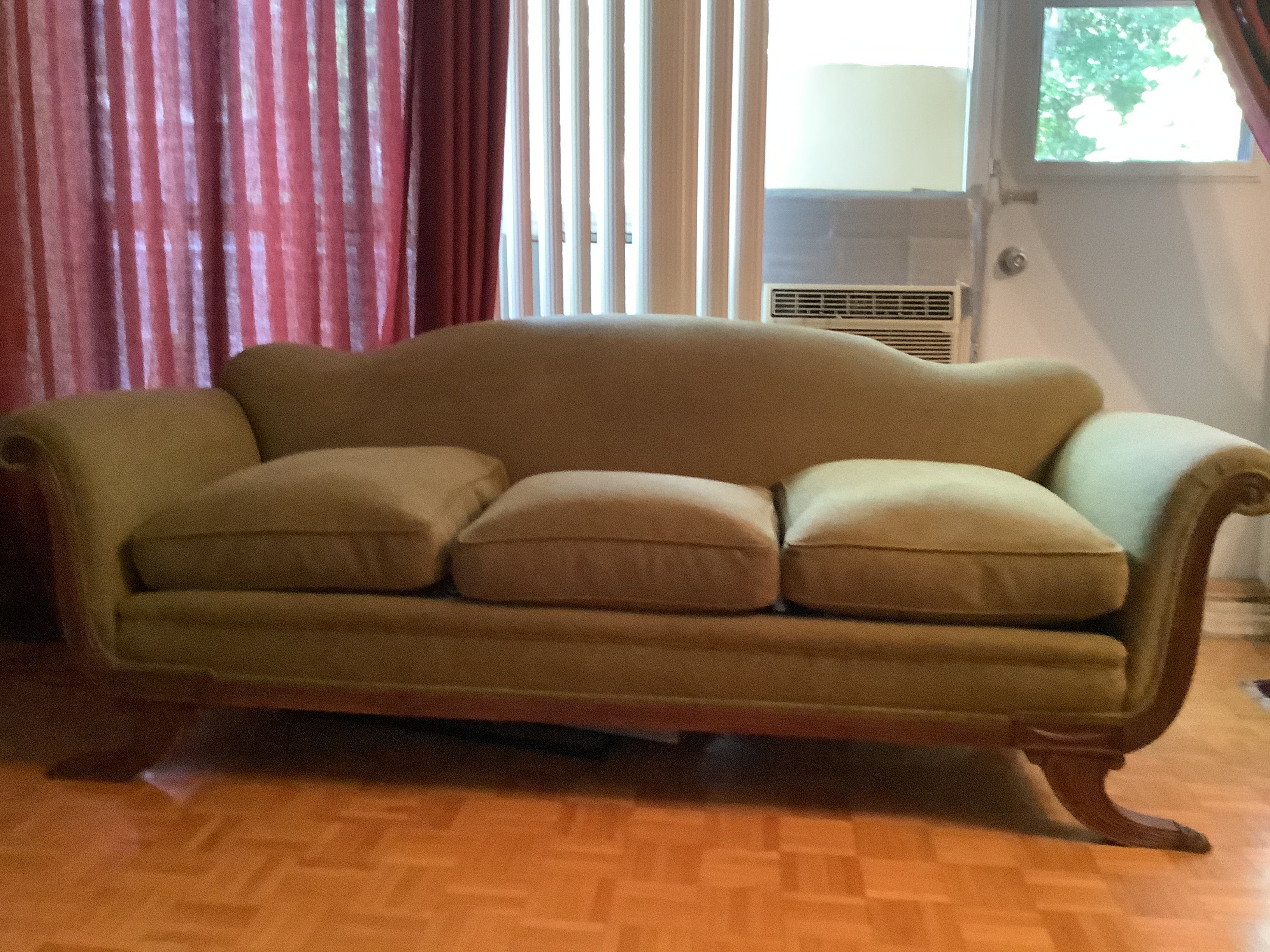 Vintage Duncan Phyfe Camelback Sofa with Brass Claw Feet — 3 Seater