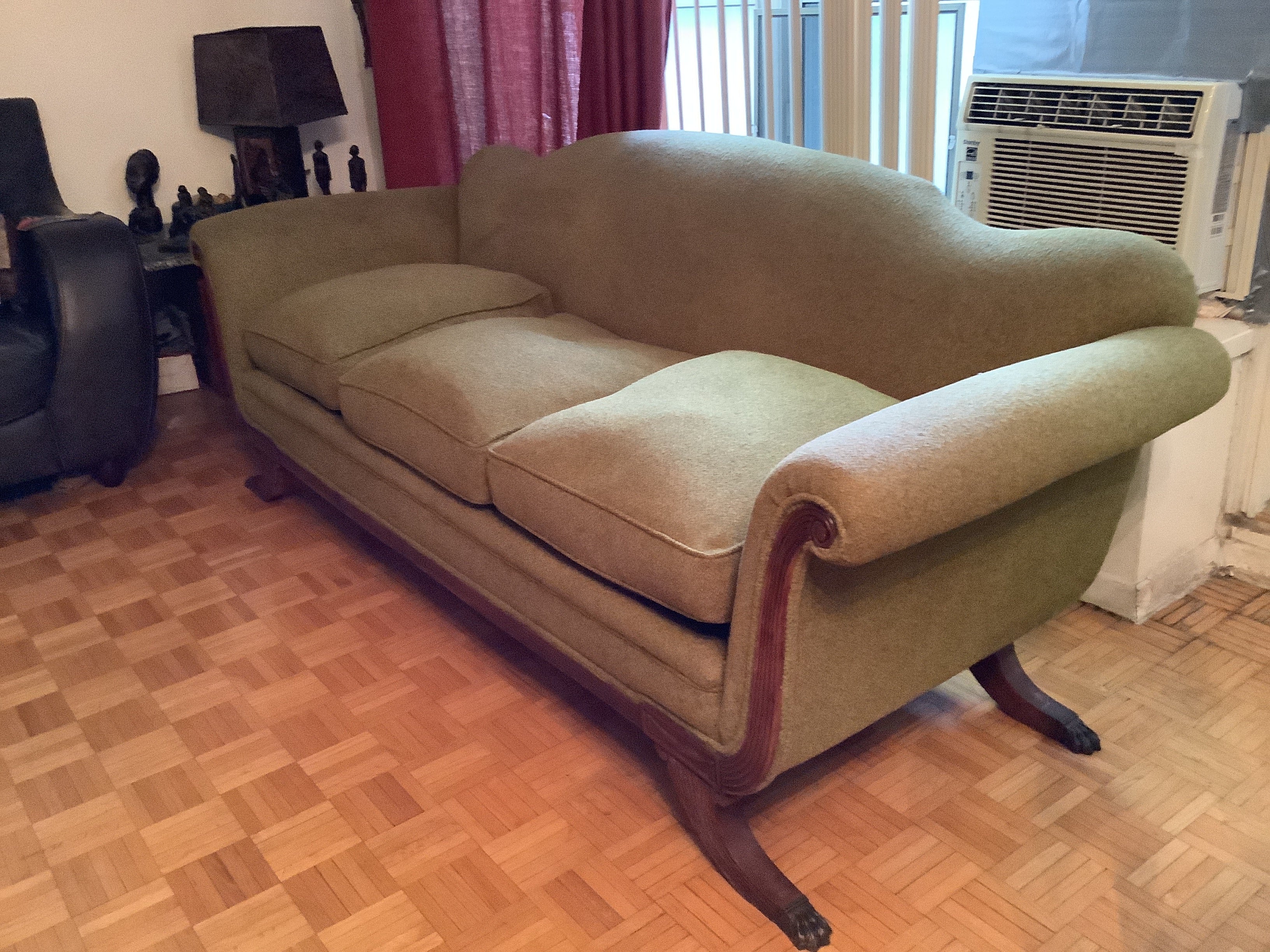 Vintage Duncan Phyfe Camelback Sofa with Brass Claw Feet — 3 Seater