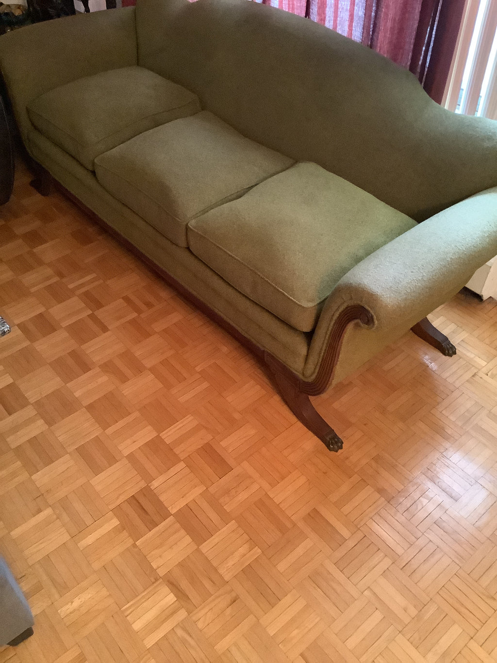 Vintage Duncan Phyfe Camelback Sofa with Brass Claw Feet — 3 Seater