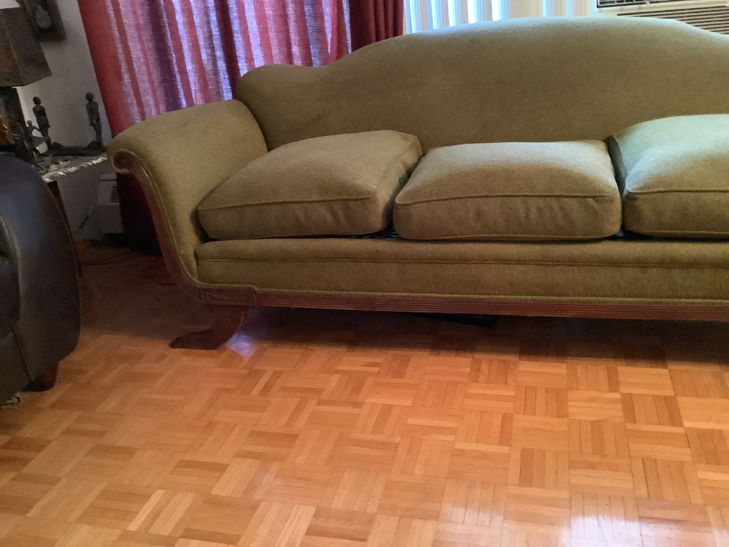 Vintage Duncan Phyfe Camelback Sofa with Brass Claw Feet — 3 Seater