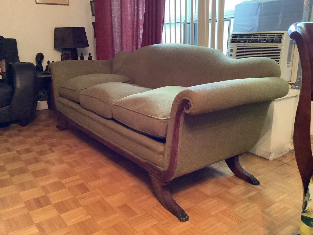 Vintage Duncan Phyfe Camelback Sofa with Brass Claw Feet — 3 Seater