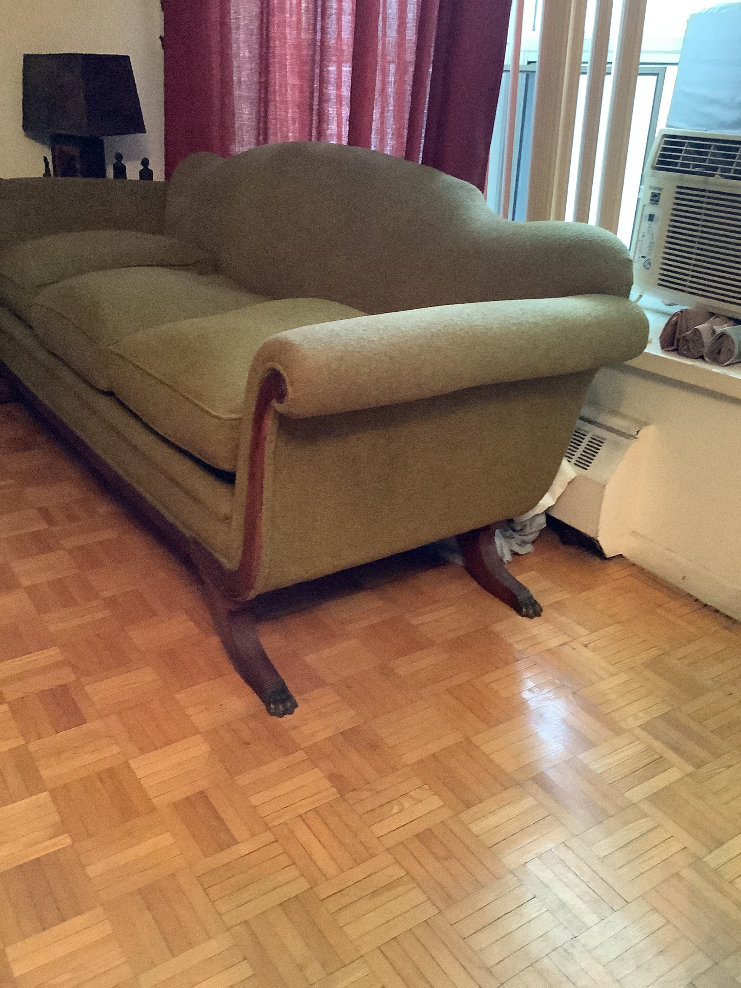 Vintage Duncan Phyfe Camelback Sofa with Brass Claw Feet — 3 Seater