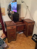 Classic vintage art deco vanity with round mirror 1930s.walnut wood of different shades