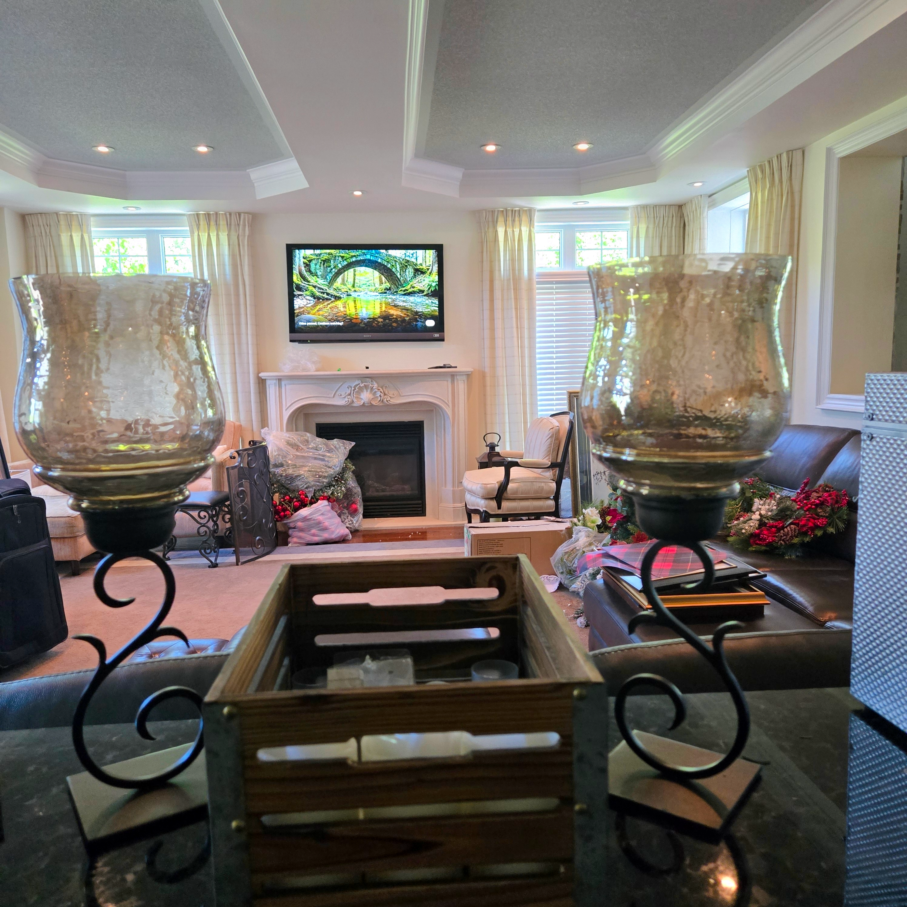 Vintage Style Glass Hurricane Candle Holders with Wrought Iron Bases