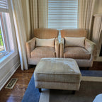 PAIR OF BASSET ARM CHAIRS WITH OTTOMAN
