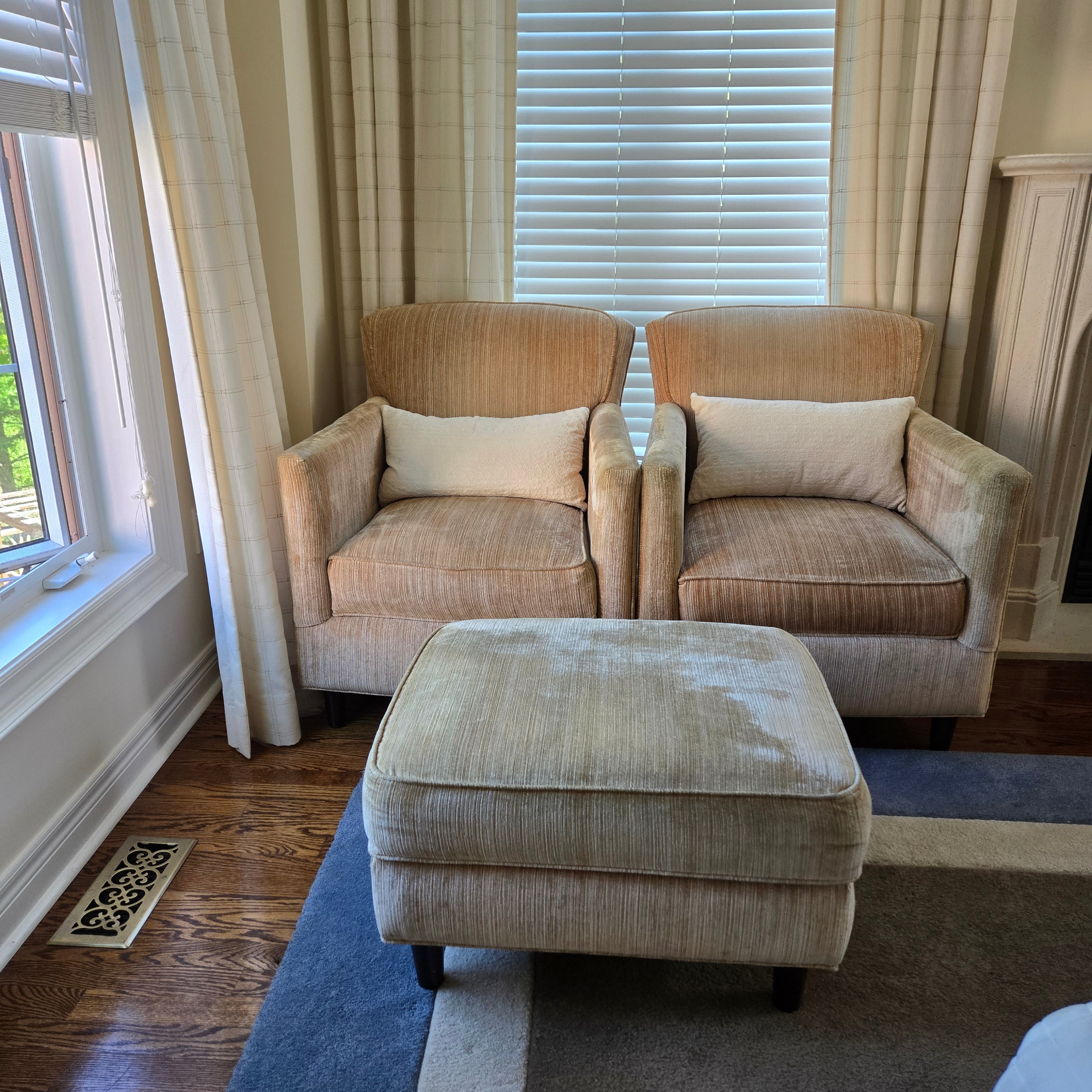 PAIR OF BASSET ARM CHAIRS WITH OTTOMAN