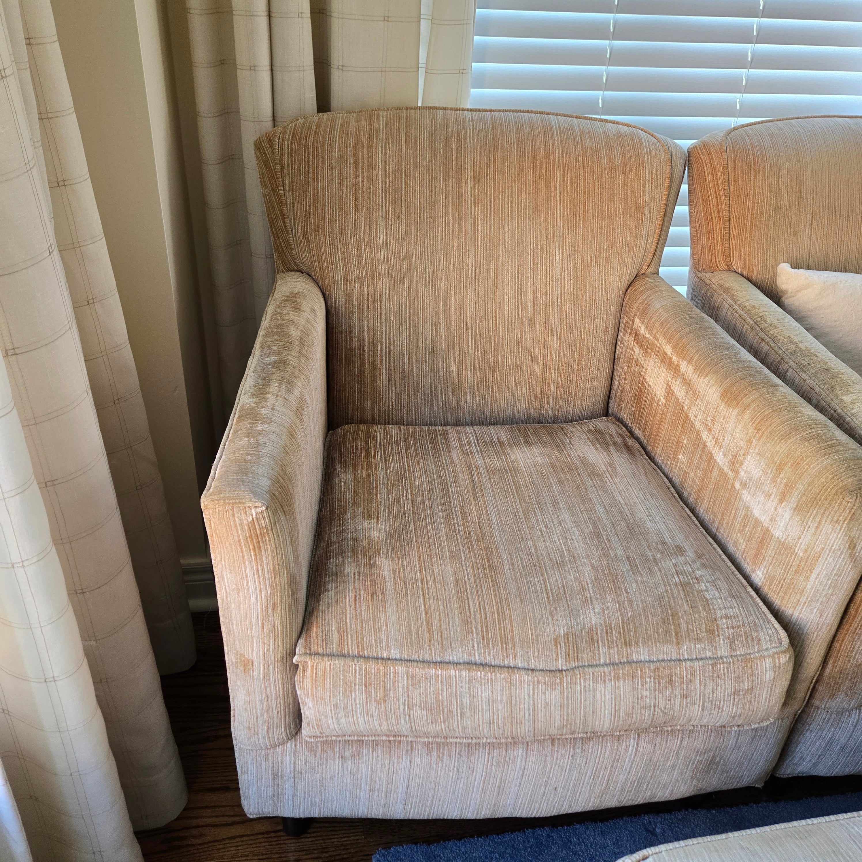 PAIR OF BASSET ARM CHAIRS WITH OTTOMAN