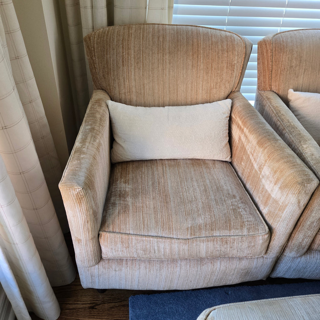 PAIR OF BASSET ARM CHAIRS WITH OTTOMAN