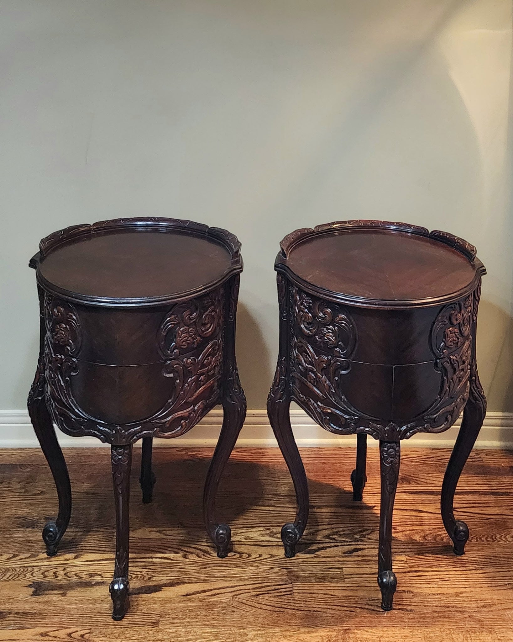 Mahogany carved Louis XIV French Provincial nightstands