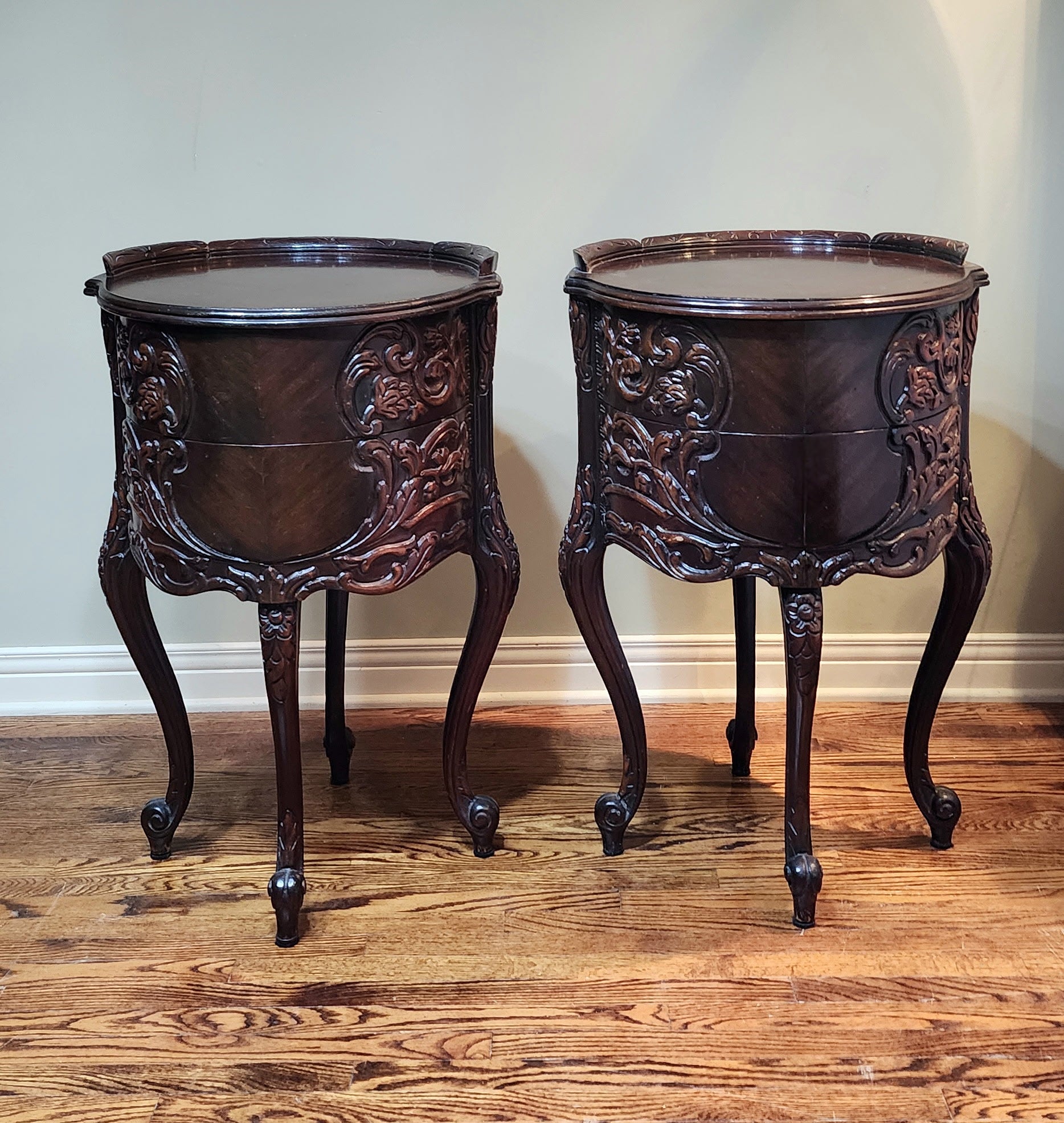 Mahogany carved Louis XIV French Provincial nightstands