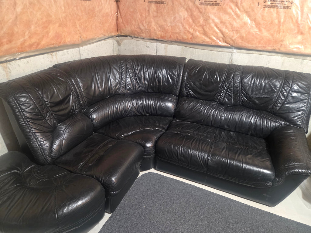 Vintage Postmodern Ultra-Plush Black Leather Modular Sectional