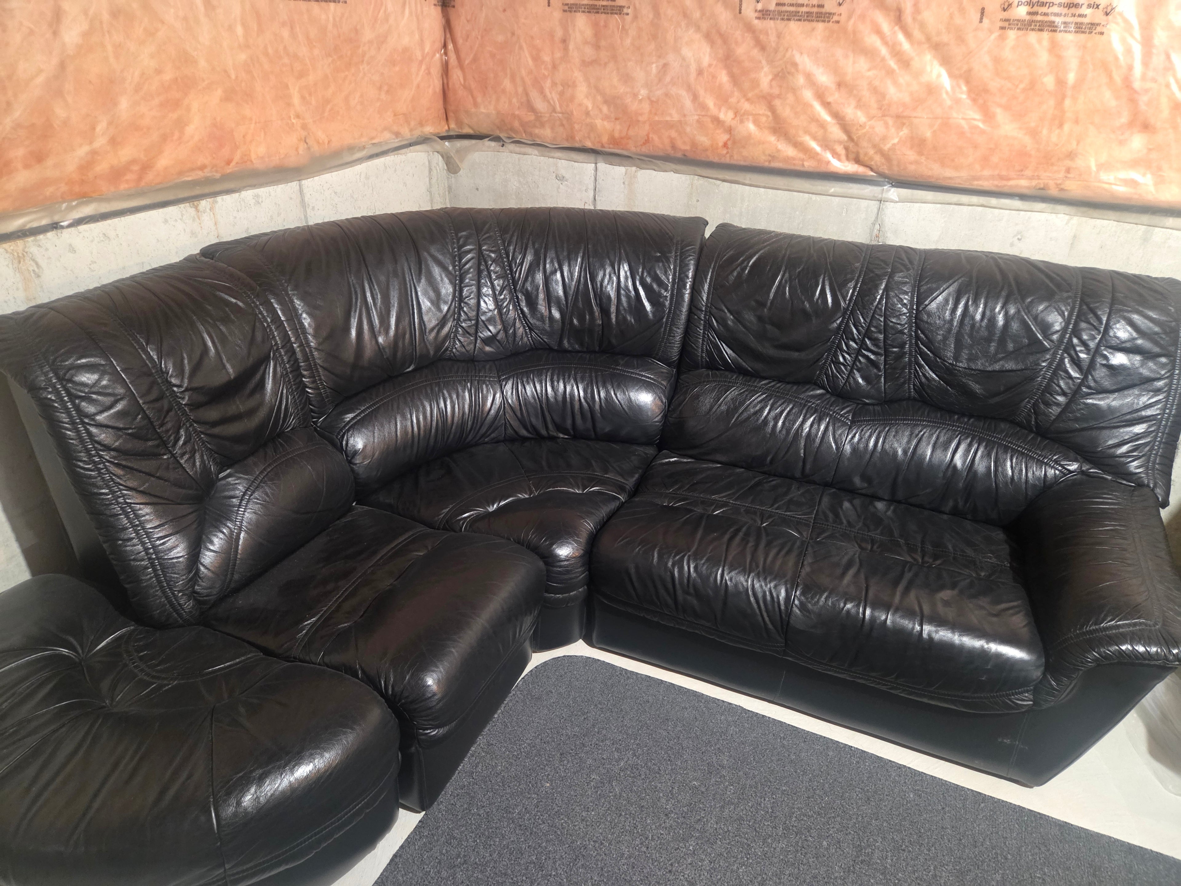 Vintage Postmodern Ultra-Plush Black Leather Modular Sectional