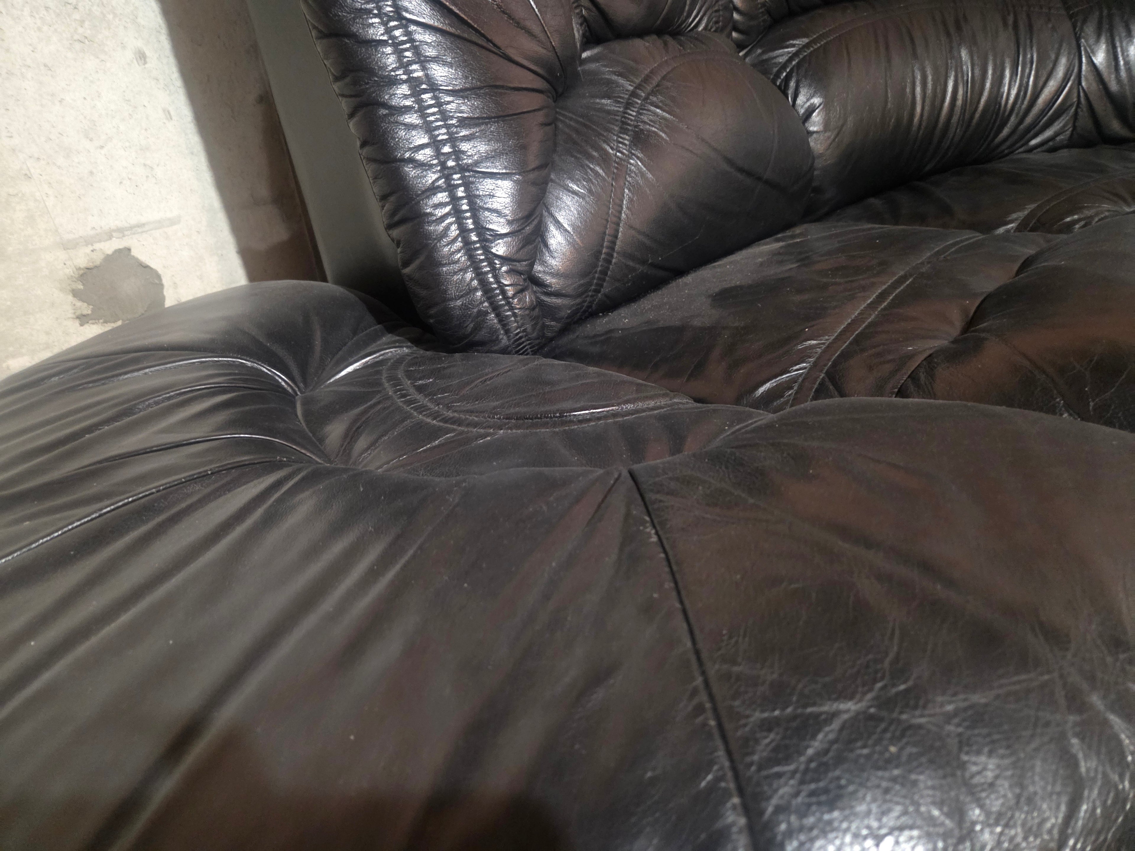 Vintage Postmodern Ultra-Plush Black Leather Modular Sectional