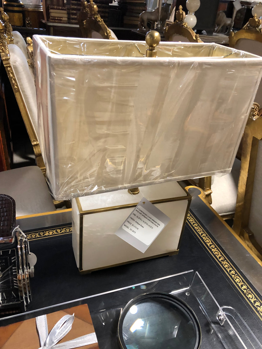 Vintage Alabaster Cube Lamp with Brass Trim