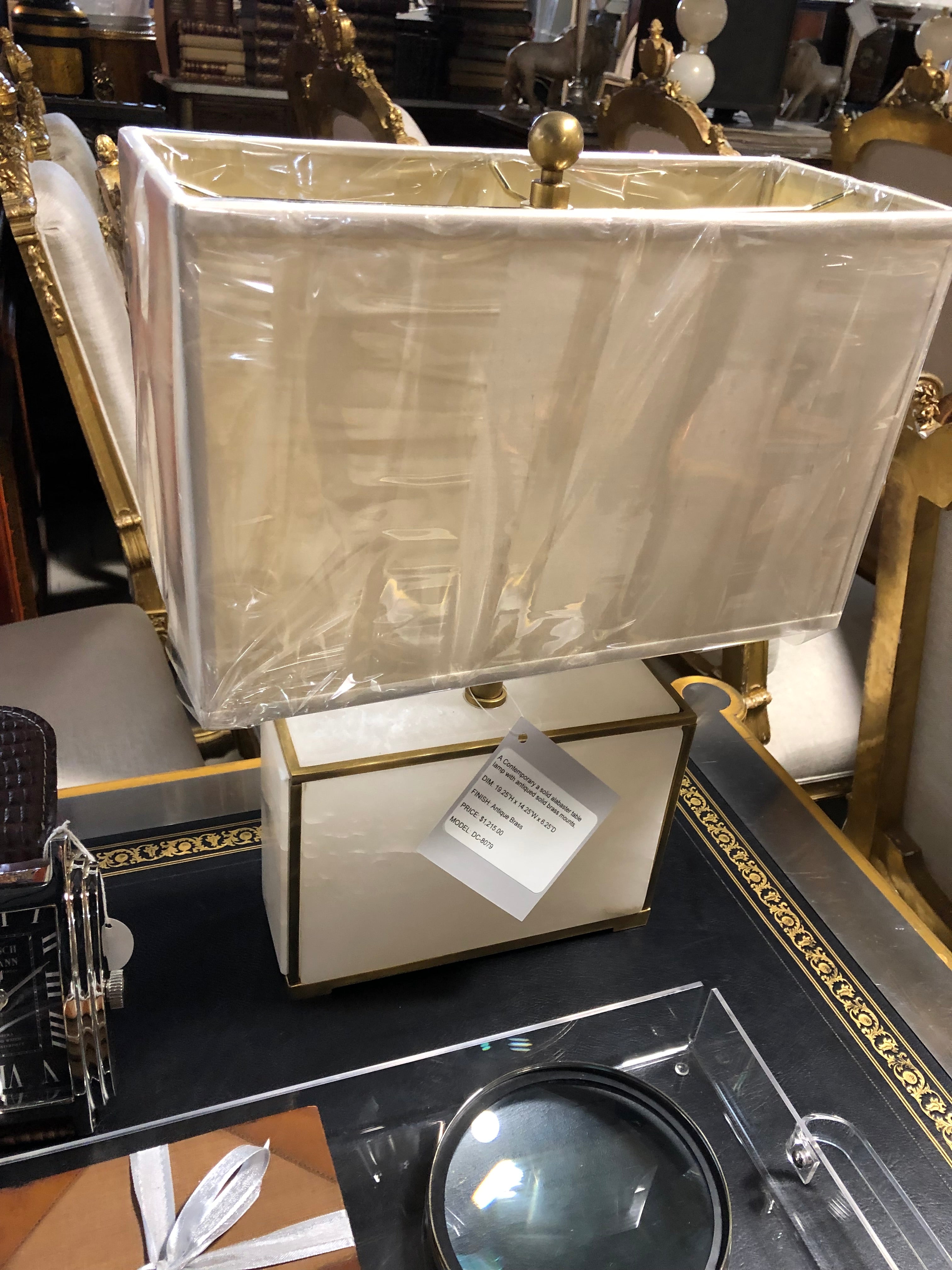 Vintage Alabaster Cube Lamp with Brass Trim