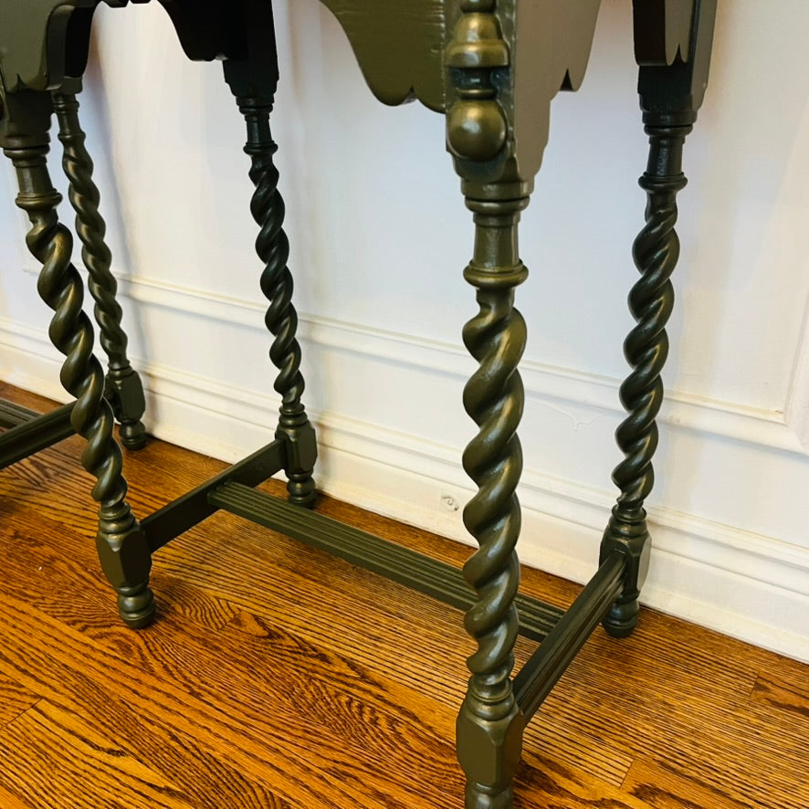 Solid Wood Vintage Barley-Twist Bedside Tables in Deep Olive solid brass knobs
