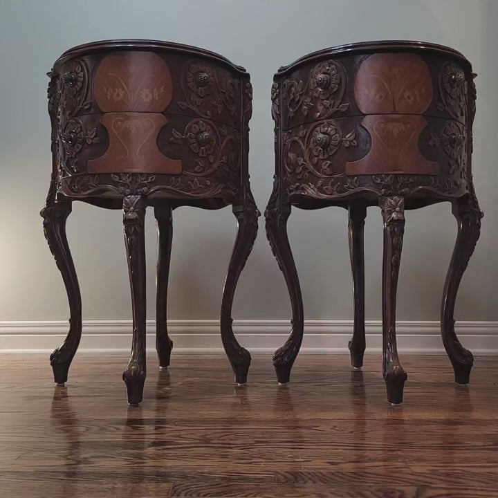 Antique Louis XIV French Provincial round drum nightstands
