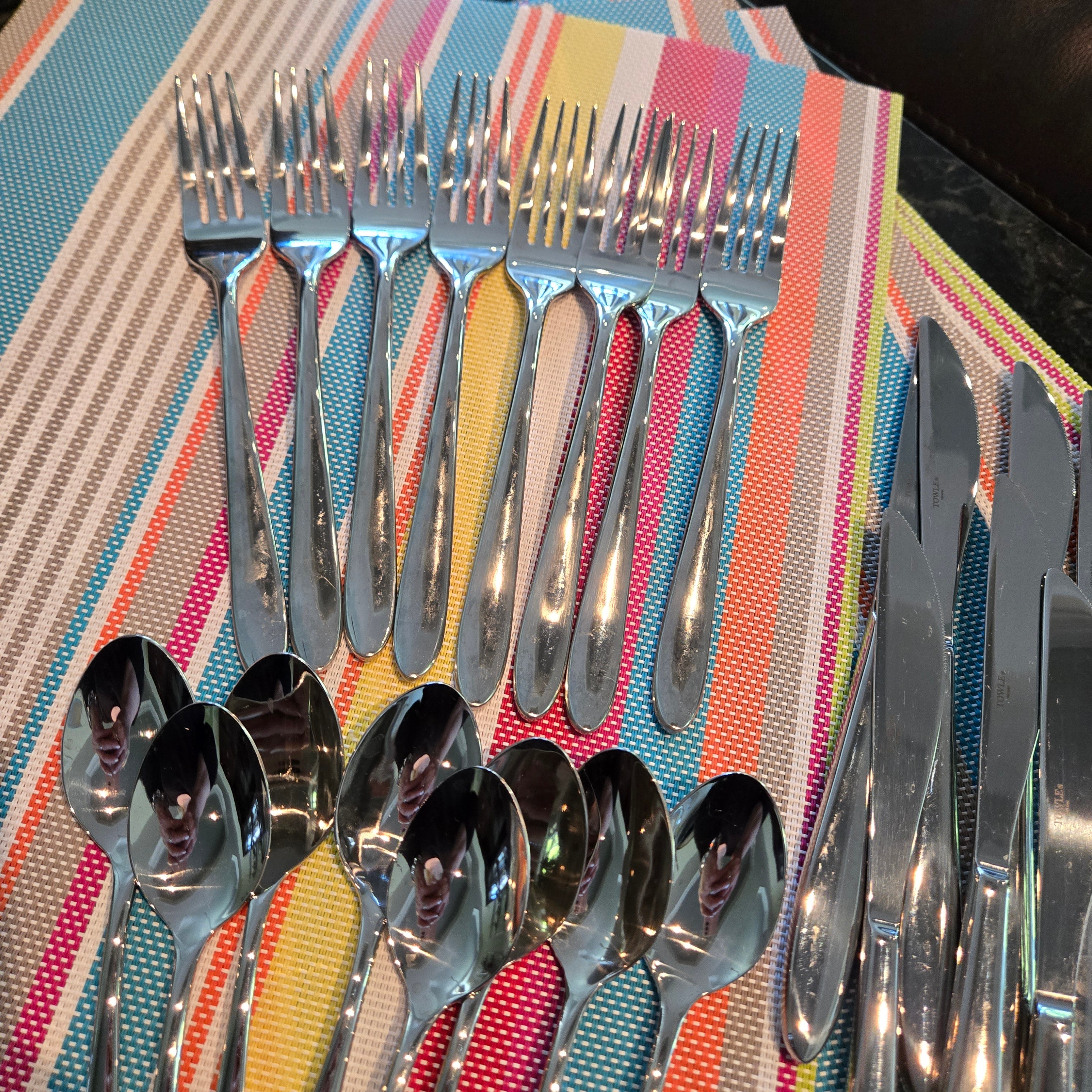 Vintage 24-Piece Towle Rainbow Striped Flatware & 6 Matching Placemats