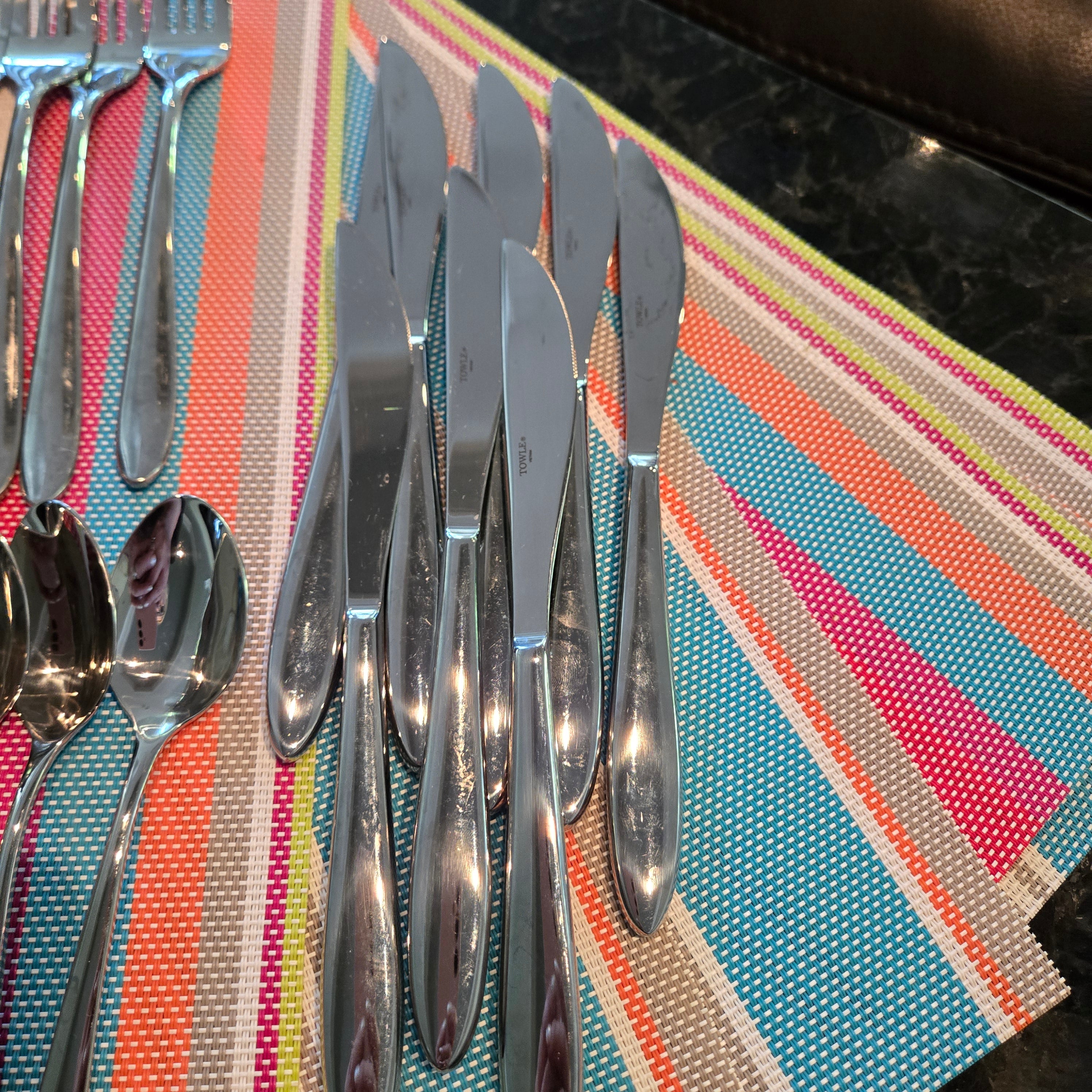 Vintage 24-Piece Towle Rainbow Striped Flatware & 6 Matching Placemats