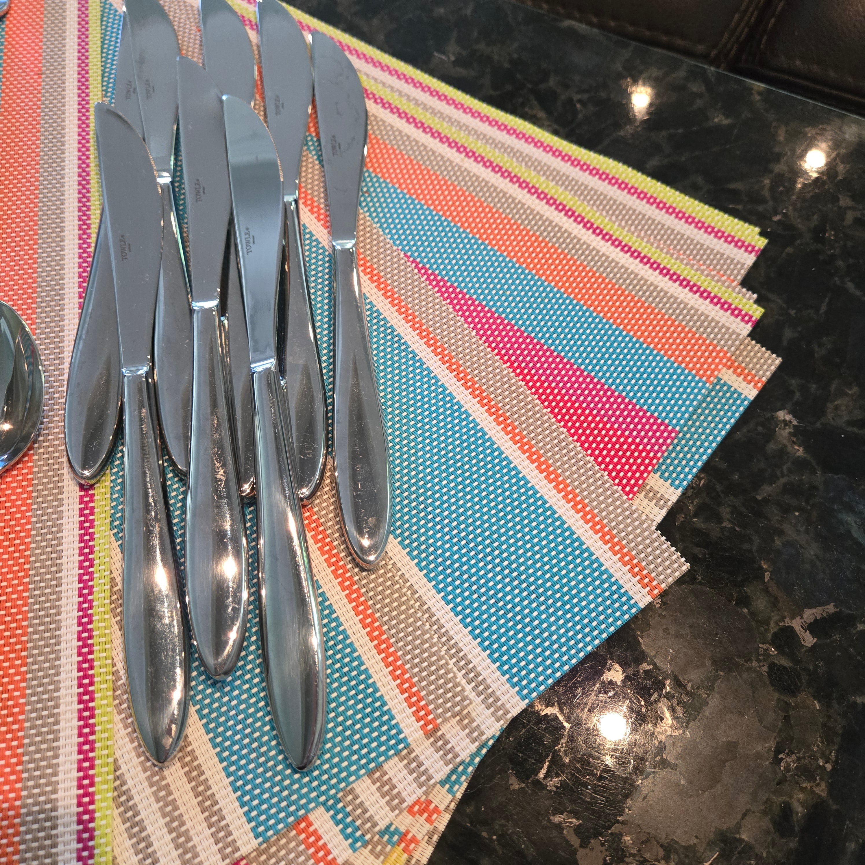 Vintage 24-Piece Towle Rainbow Striped Flatware & 6 Matching Placemats