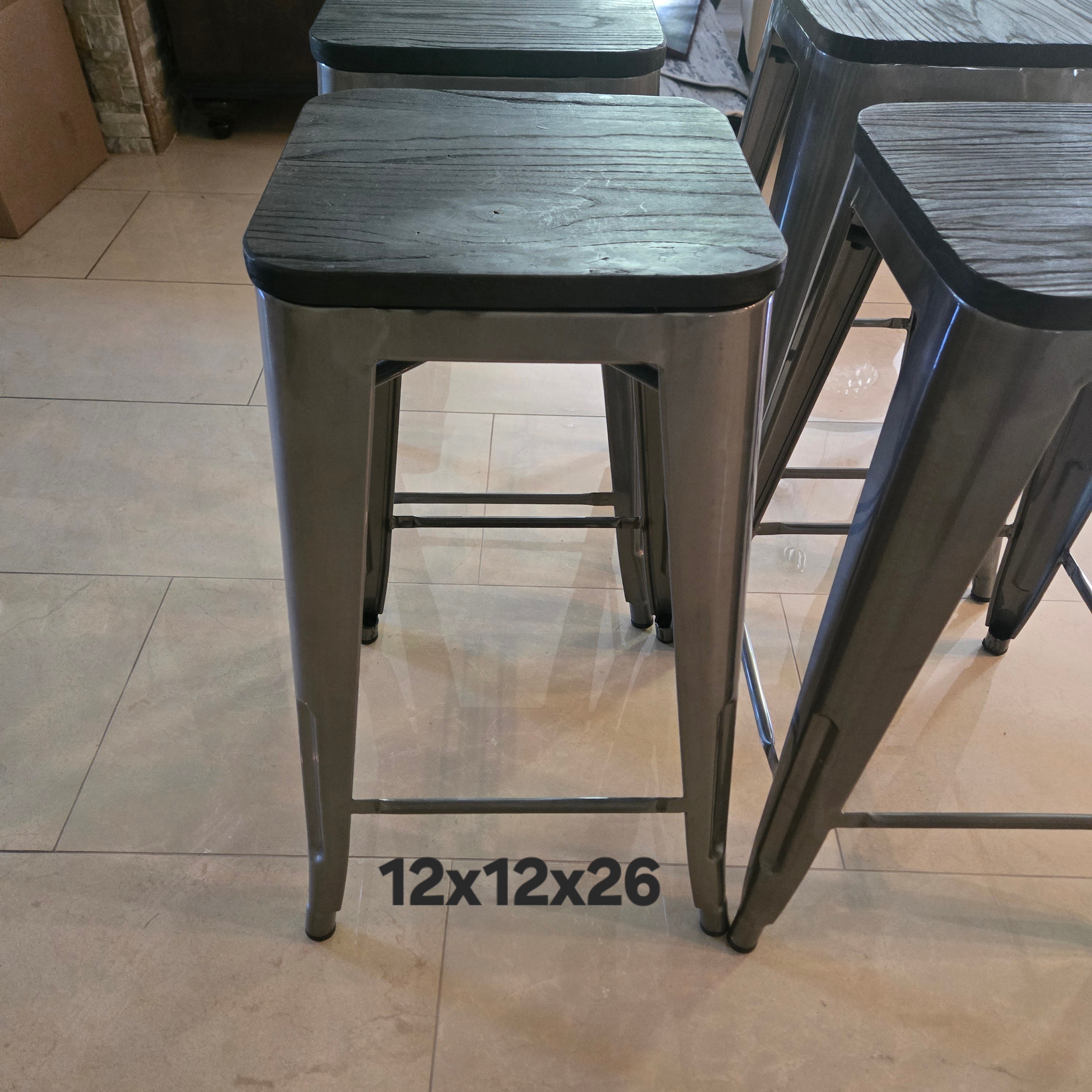 Industrial Metal Counter Stools with Wood Seats - Set of 4