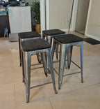 Industrial Metal Counter Stools with Wood Seats - Set of 4