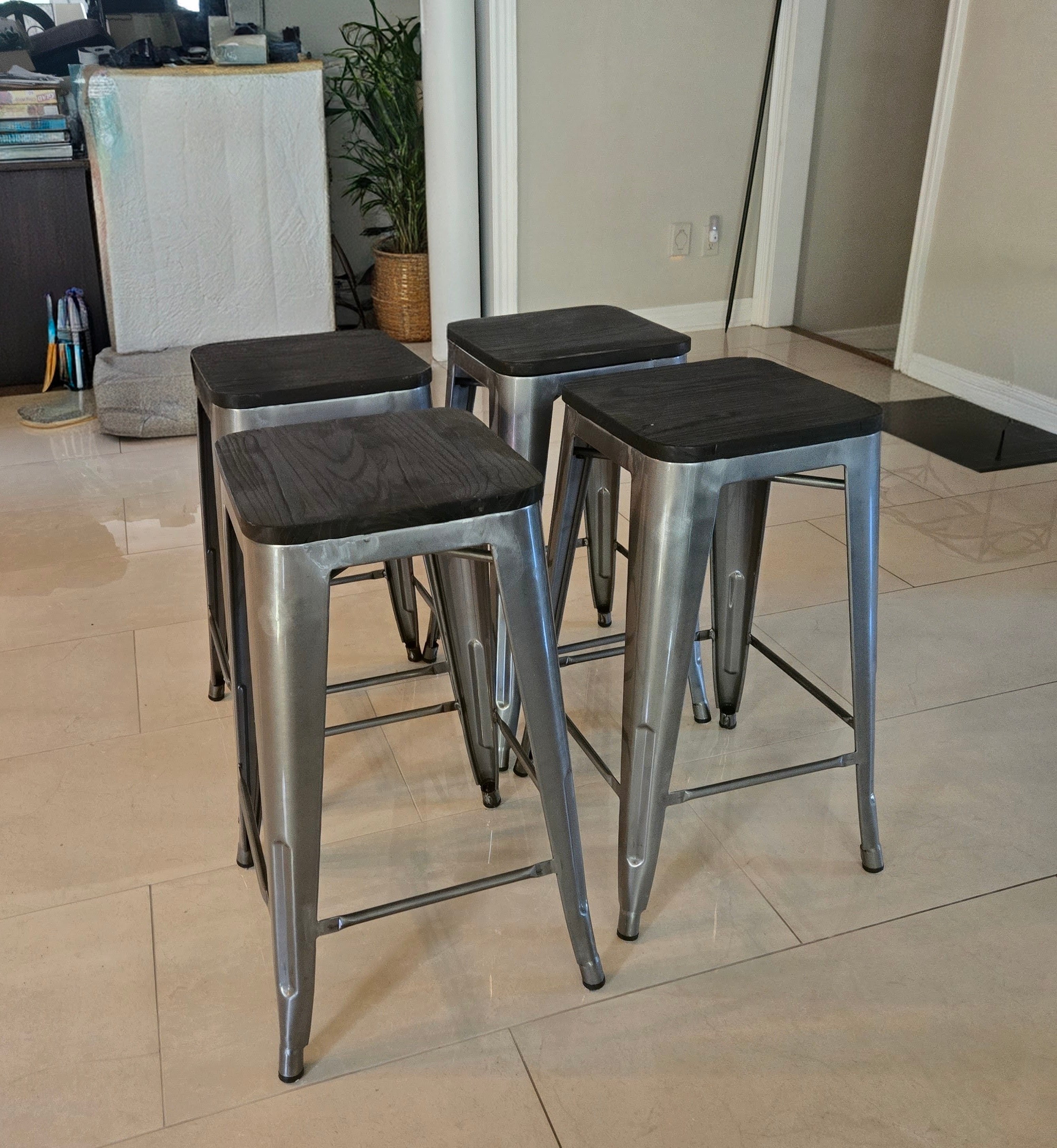 Industrial Metal Counter Stools with Wood Seats - Set of 4