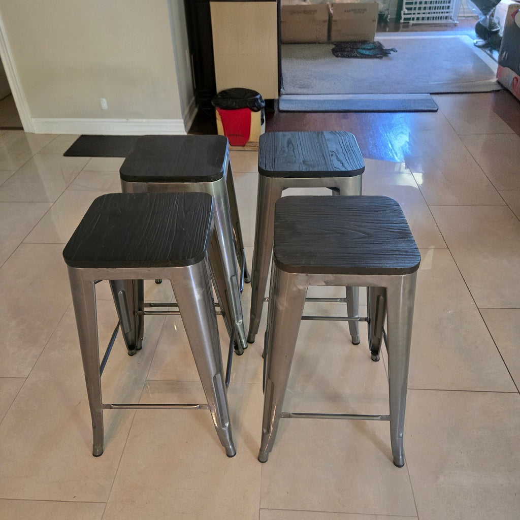 Industrial Metal Counter Stools with Wood Seats - Set of 4