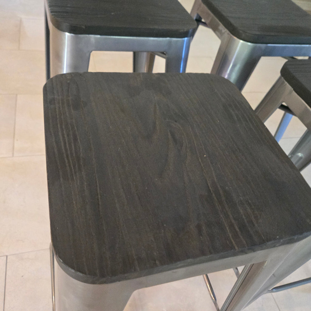 Industrial Metal Counter Stools with Wood Seats - Set of 4