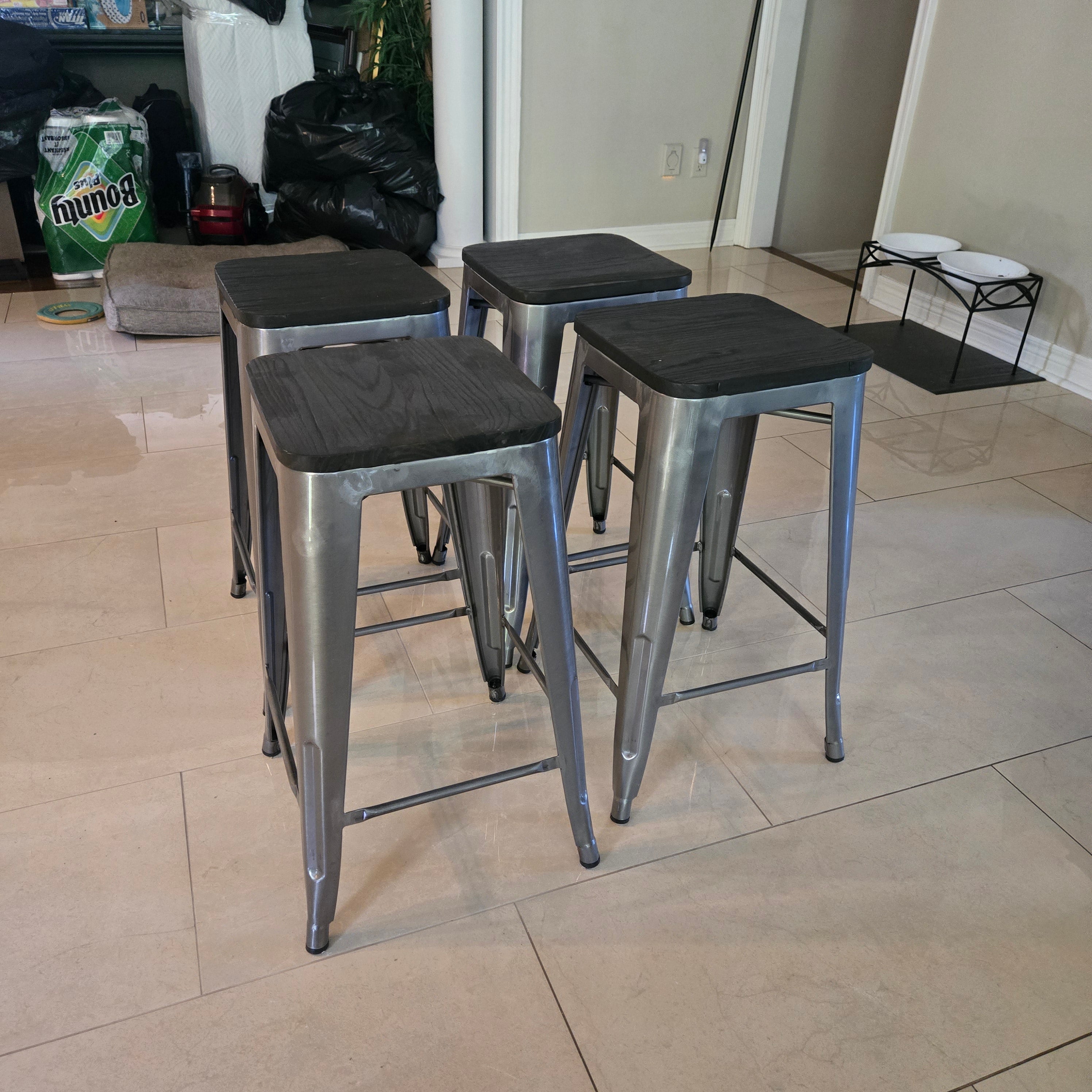 Industrial Metal Counter Stools with Wood Seats - Set of 4