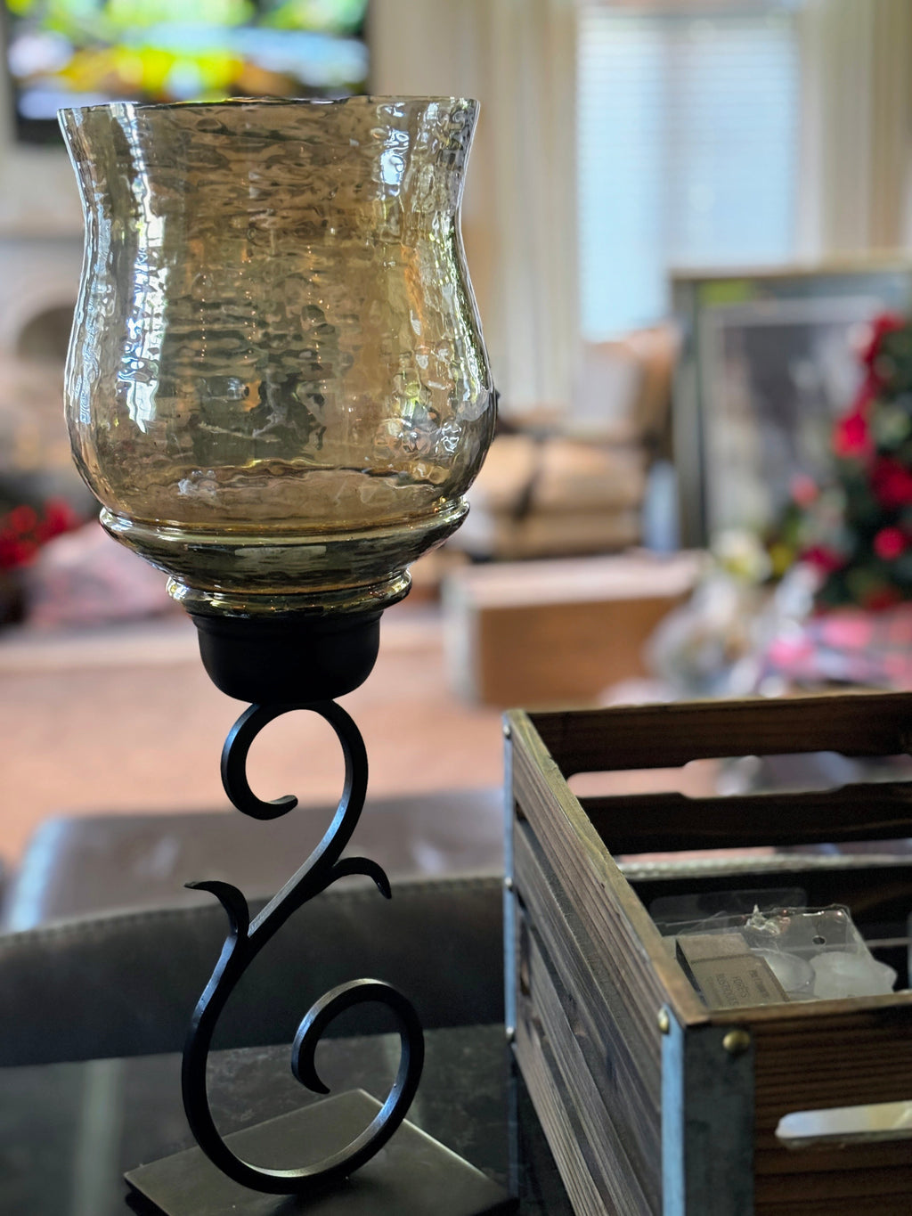 Vintage Style Glass Hurricane Candle Holders with Wrought Iron Bases