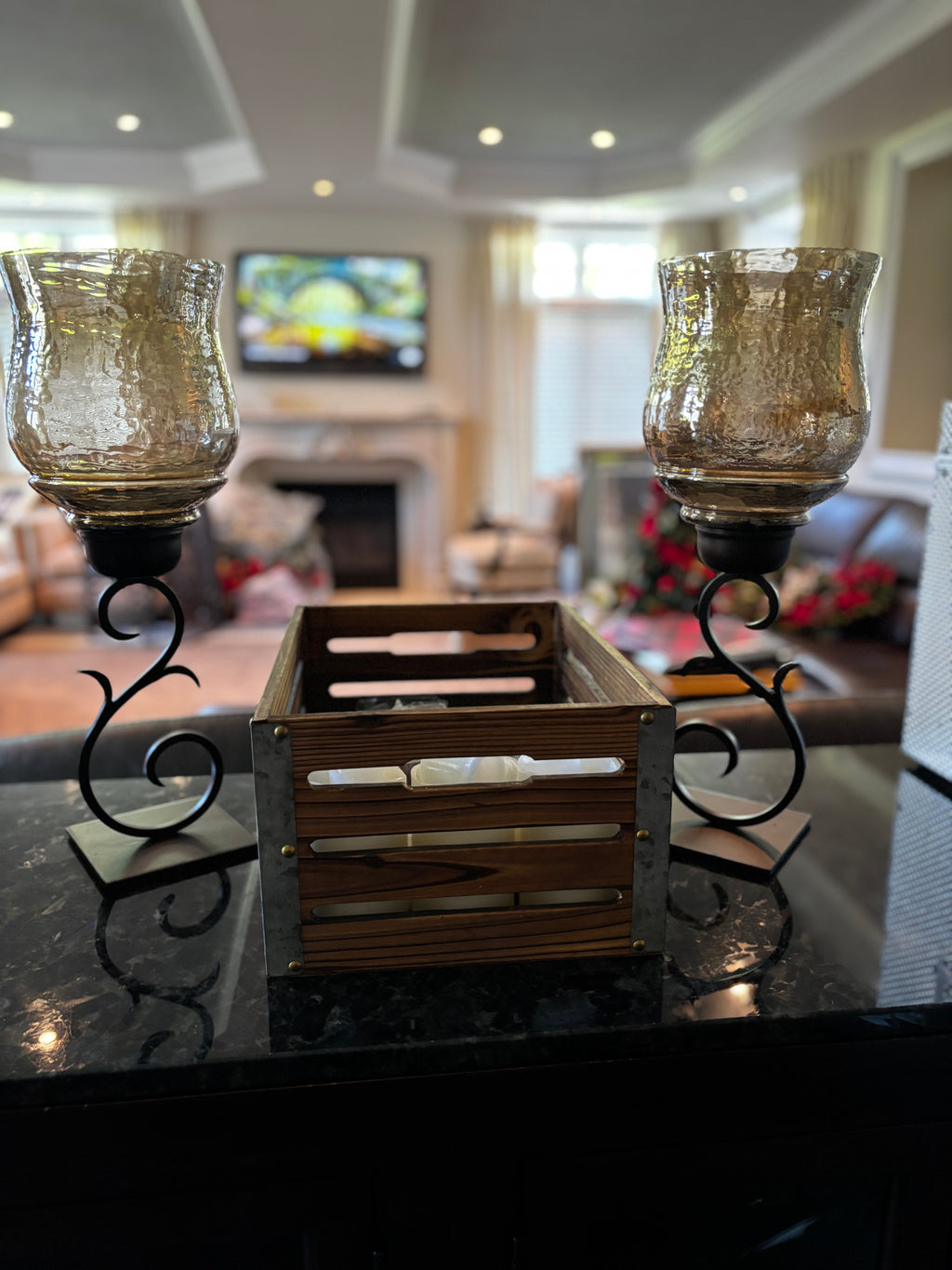 Vintage Style Glass Hurricane Candle Holders with Wrought Iron Bases